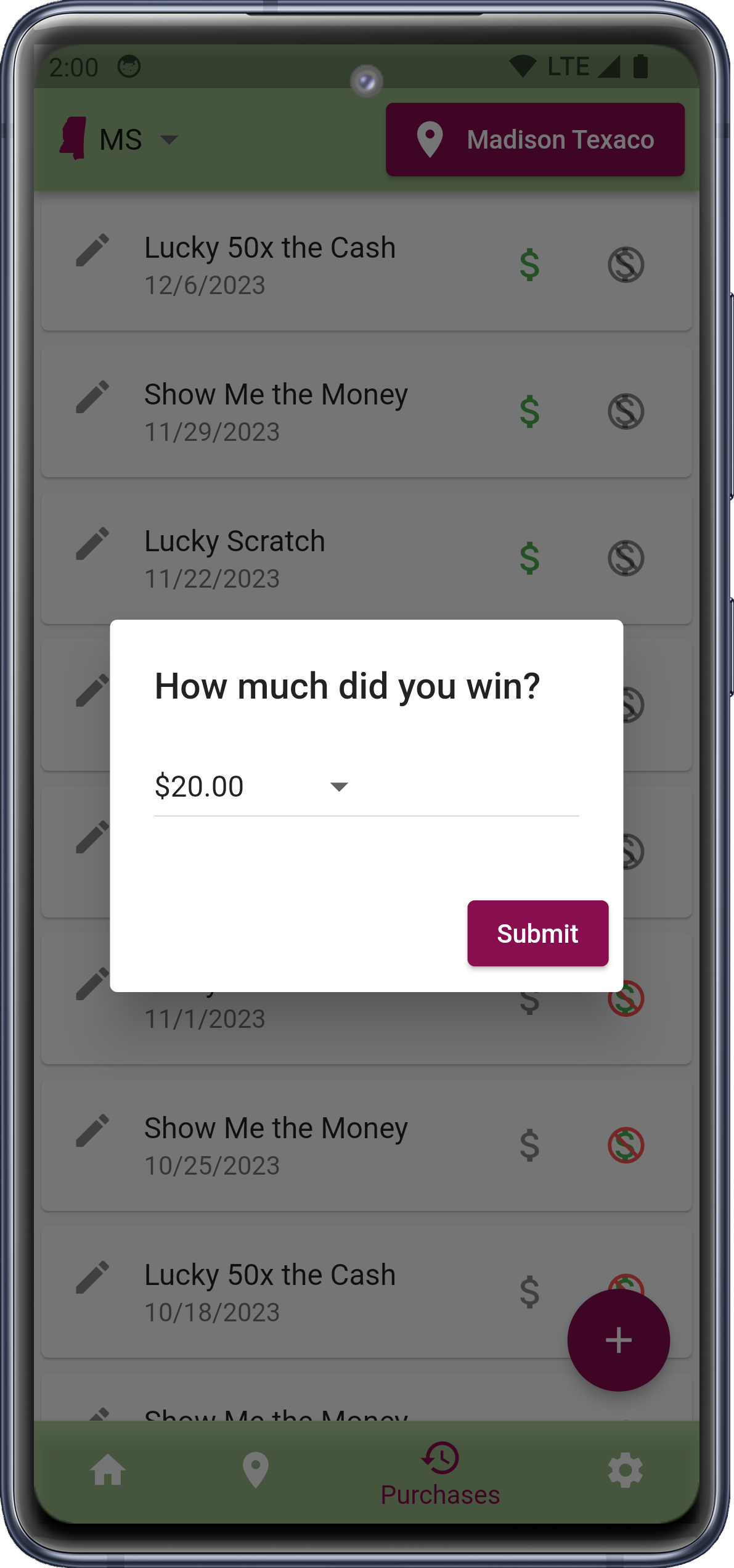 Purchases screen of the Pick-A-Ticket mobile app.